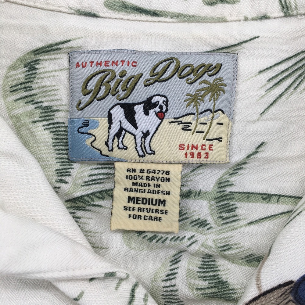 Big Dogs Hawaiian‎ Shirt Mens Med Cream Tropical Golf Palm Tree Rayon Button Up - Picture 3 of 9
